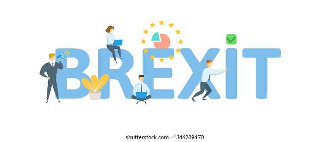 BREXIT. Concept with people, letters and icons. Colored flat vector illustration. Isolated on white background.