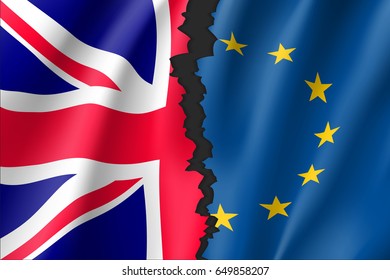 Brexit concept vector illustration. Symbol of Britain exit from European Union. Break between British and EU waving flags. Separation and crisis sign.