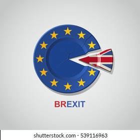 Brexit concept. Vector illustration in trendy flat style of broken plate with EU flag and a shard with the British flag pattern, isolated on white background.