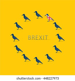 Brexit Design Concept Devoted United Kingdom's EU Referendum - Twelve Crows Making Circle of EU Symbol Eleven Dark Blue and One Colored Like British Flag on Yellow Background - Icon Flat Design