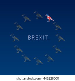 Brexit Design Concept Devoted United Kingdom's EU Referendum - Twelve Crows Making Circle of EU Symbol Eleven Dark with Yellow Outlines and One British Flag Color on Blue Background - Icon Flat Design
