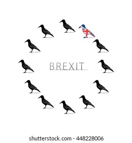 Brexit Design Concept Devoted United Kingdom's EU Referendum - Twelve Crows Making Circle of EU Symbol Eleven Black and One Colored Like British Flag on White Background - Icon Flat Design