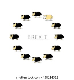 Brexit Design Concept Devoted United Kingdom's EU Referendum - Twelve Sheep Making Circle of EU Symbol Eleven Black and One Light Yellow on White Background - Icon Flat Design