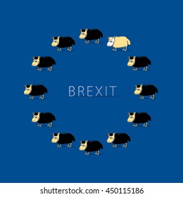 Brexit Design Concept Devoted United Kingdom's EU Referendum - Twelve Sheep Making Circle of EU Symbol Eleven Black and One Light Yellow on Blue Background - Icon Flat Design