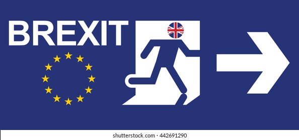 BREXIT. The emergency sign exit that represent a human, icon of EU flags on their head walking away to exit door. vector illustration.
