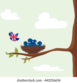 Brexit. EU and Great Britain flag. EU referendum. Bird fly away from nest. Vector illustration background.