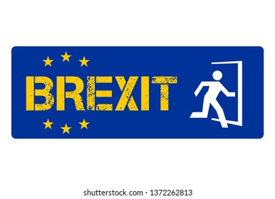Brexit Exit Sign in Blue and Yellow. Man running through a doorway. European Union and United Kingdom Safety Sign.