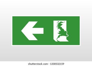 Brexit: exit sign with the map of Great Britain exiting through the emergency exit