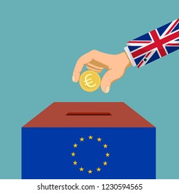 Brexit of Great Britain from European Union. Human hand with euro coin. Vector illustration.