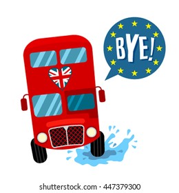 brexit Great Britain out of the EU. London Bus leaves from the EU "bye" flat vector illustration isolated on white background