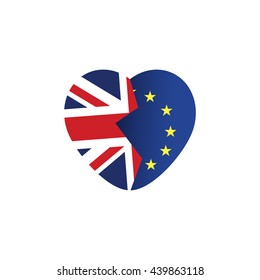 Brexit icon. British flag. EU flag. Broken heart, symbol of imminent exit of Great Britain out of the European Union. Vector illustration, isolated object.