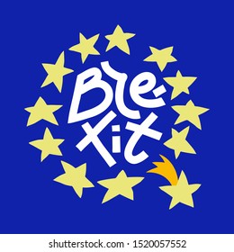 Brexit illustration. Colorful cartoon EU flag with a star falling out of the circle, hand-drawn lettering.