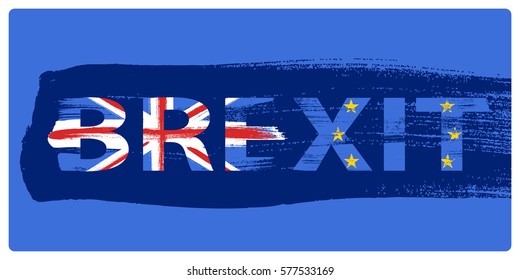 Brexit illustration - painted brush stroke background. Great Britain and EU flags in stencil.