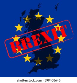 Brexit letters on rubber stamp with the map of the united kingdom and europe flag on background