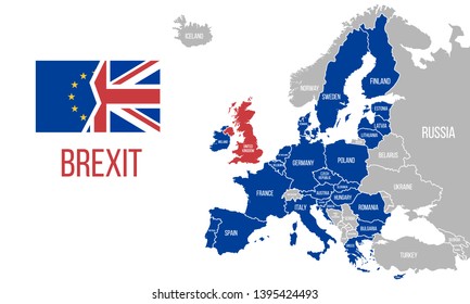 Brexit - Map Of The European Union With Country Names. Map Of The Europe Isolated On White Background. Vector Illustration