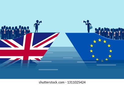 Brexit Negotiations And Crowd Manipulation Concept. Vector Of A British And European Union Ships With Leaders Negotiating An Exit Deal, Followed By Crowd Of People 