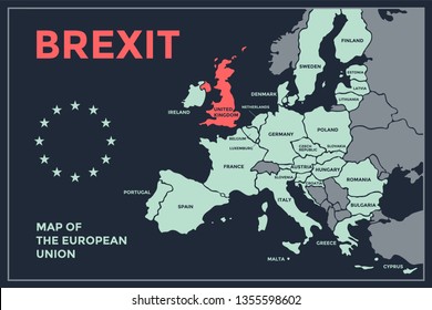 Brexit. Poster map of the European Union with country names. Print map of EU for web and polygraphy, on business, economic, political, Brexit and geography themes. Vector Illustration