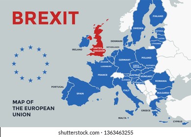 Brexit. Poster map of the European Union with country names. Print map of EU for web and polygraphy, on business, economic, political, Brexit and geography themes. Vector Illustration