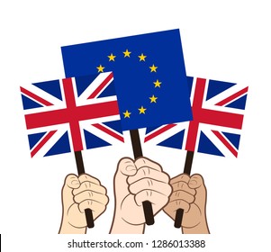 Brexit referendum concept with hands and Flags of Great Britain and European Union.