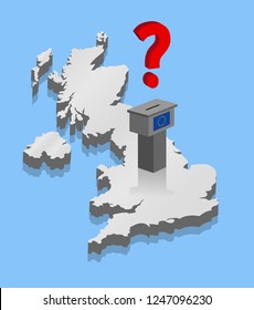 Brexit results with question mark and voting ballot over 3D map of United Kingdom. All the objects are in different layers and the text types do not need any font. 