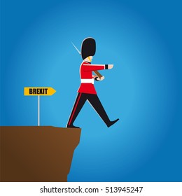 Brexit. A royal guard of the united kingdom march toward ruin. A nice idea than represents the exit of England from the European Union.