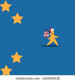 Brexit Star Walking Off EU Flag While Wearing A Father Christmas Hat. EPS 10 Vector.