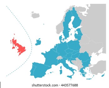 Brexit theme map - map of Europe with highlighted EU member states and United Kingdom in different color. Vector illustration. Simplified map of European Union.