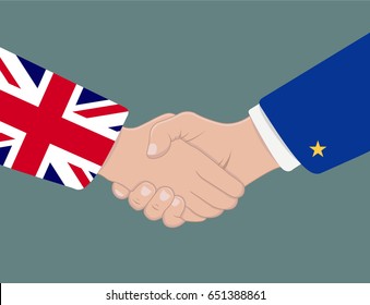 Brexit trade deal handshake, Britain leaving European Union, vector illustration