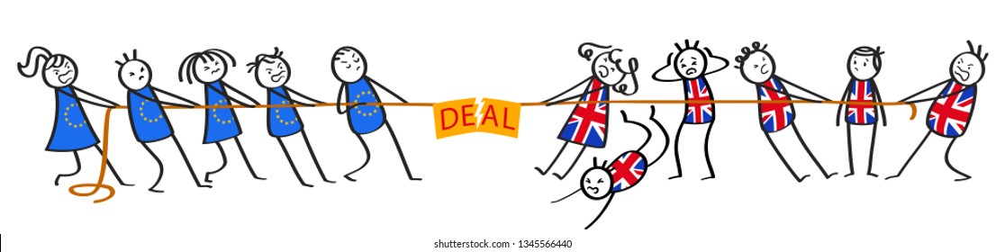 Brexit Tug of war between EU and Great Britain, Deal sign, groups of stick figures, chaos, metaphor, isolated on white background