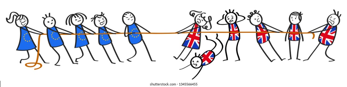 Brexit tug of war between EU and Great Britain, groups of stick figures, chaos, metaphor, isolated on white background