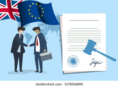 Brexit UK EU Legal Concept, Different Position Theme With Wooden Judge Gavels On Table And Flags