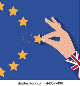 La mano del Brexit en el Reino Unido retira la estrella de la bandera de la UE dejando puntos atrás. Vector EPS 10.