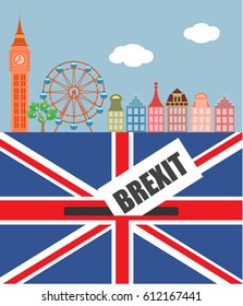 Brexit in the UK. Panorama of London with Big Ben, British flag and the symbol of the ballot box. Vector illustration.
