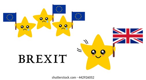 Brexit (UK withdrawal from European Union) vector illustration. Stars representing countries holding EU and British flags, UK waving goodbye to EU.