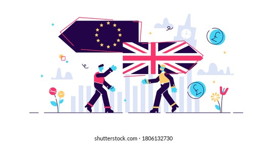 Brexit vector illustration. Flat tiny UK leaving EU referendum persons concept. Britain exit european union vote crisis symbol. Economical and political decision choice result. Euroscepticism reform.