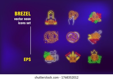 Brezel collection in neon style. Baking, pretzel and tradition. Vector illustrations for luminous banners. Pastry and bakery concept