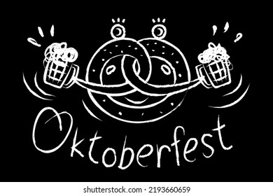 A brezel with two mugs of beer. Funny character with big eyes in the style of a doodle for Oktoberfest. Hand drawing with chalk on a blackboard. Vector illustration. Craft