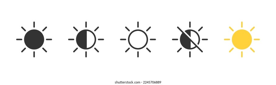 Symbol für die Helligkeitskontrolle auf hellem Hintergrund. Kontrast Ebene Einstellungen Symbol. Helligkeitsanpassung. UI-Element. Gelbes Sonnenzeichen. Konzentrierter, flacher und farbiger Stil. Flaches Design. Vektorgrafik. 