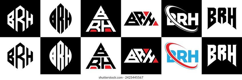 BRH letter logo design in six style. BRH polygon, circle, triangle, hexagon, flat and simple style with black and white color variation letter logo set in one artboard. BRH minimalist and classic logo