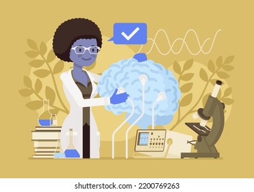 Brian Study, Female Neurologist Diagnoses, Treats Nervous System. Clinical Neurology, Neuroanatomy Laboratory Examination, Nerve, Muscle Disease, Sleep Disorder Treatment. Vector Creative Illustration