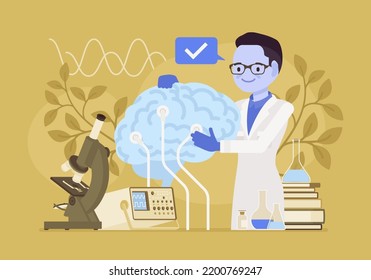 Brian Study, Male Neurologist Diagnoses, Treats Nervous System. Clinical Neurology And Neuroanatomy Laboratory Examination, Nerve Muscle Disease, Sleep Disorder Treatment. Vector Creative Illustration