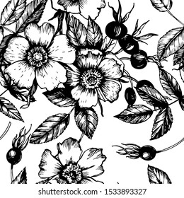 Briar graphic pattern. Flowers, buds, fruits, leaves, branches. Vector illustration. Manual graphics. Seamless pattern for decorating various surfaces.