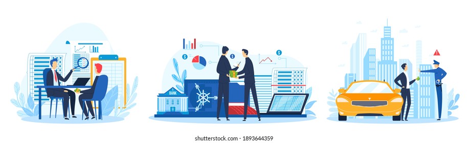 Bribe, baksheesh, corruption concept, set of vector illustration. Businessman holding stack of money in hand offering bribe, poloceman and financial bribery. Corrupted business or financial crime.