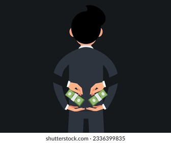 Bribe behind back. Businessman uses two hands to receive bribe from the back.