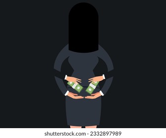 Bribe behind back. businesswoman uses two hands to receive bribe from the back.