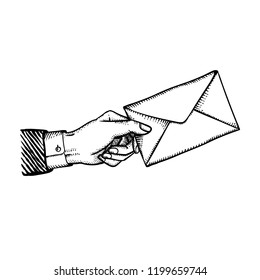 Bribe or blackmail concept illustration engraved vintage style of vector hand with envelope giving crime isolated on white