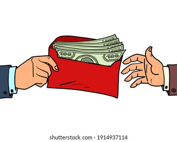 a bribe or a bonus dollars in an envelope. Cartoon comic book pop art illustration drawing