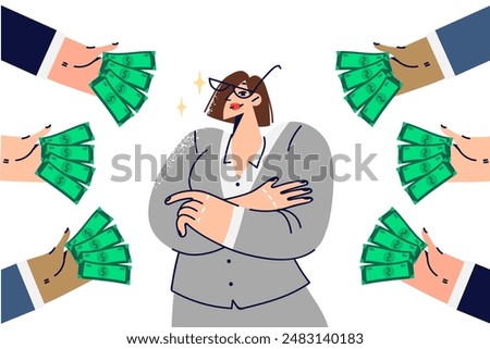 Bribe for business woman refusing corruption, standing with arms crossed among hands with money. Bribe for businesswoman or politician to lobby interests and conclusion dishonest government contract