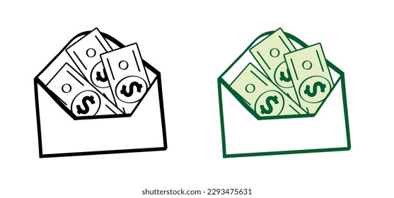 Bribe. Cartoon bundle usa paper money icon or logo. Vector dollar, money notes or money bill. Bills for cash and currency. Banknotes, banking finance investment. America, vs flag. Envelope, post icon