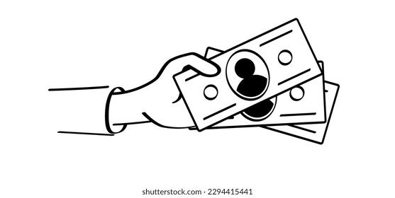Bribe. Cartoon bundle wallet paper money and hand. Vector money notes or money bill. Bills for cash and currency. Banknotes, banking finance investment. Transaction, transfer concept